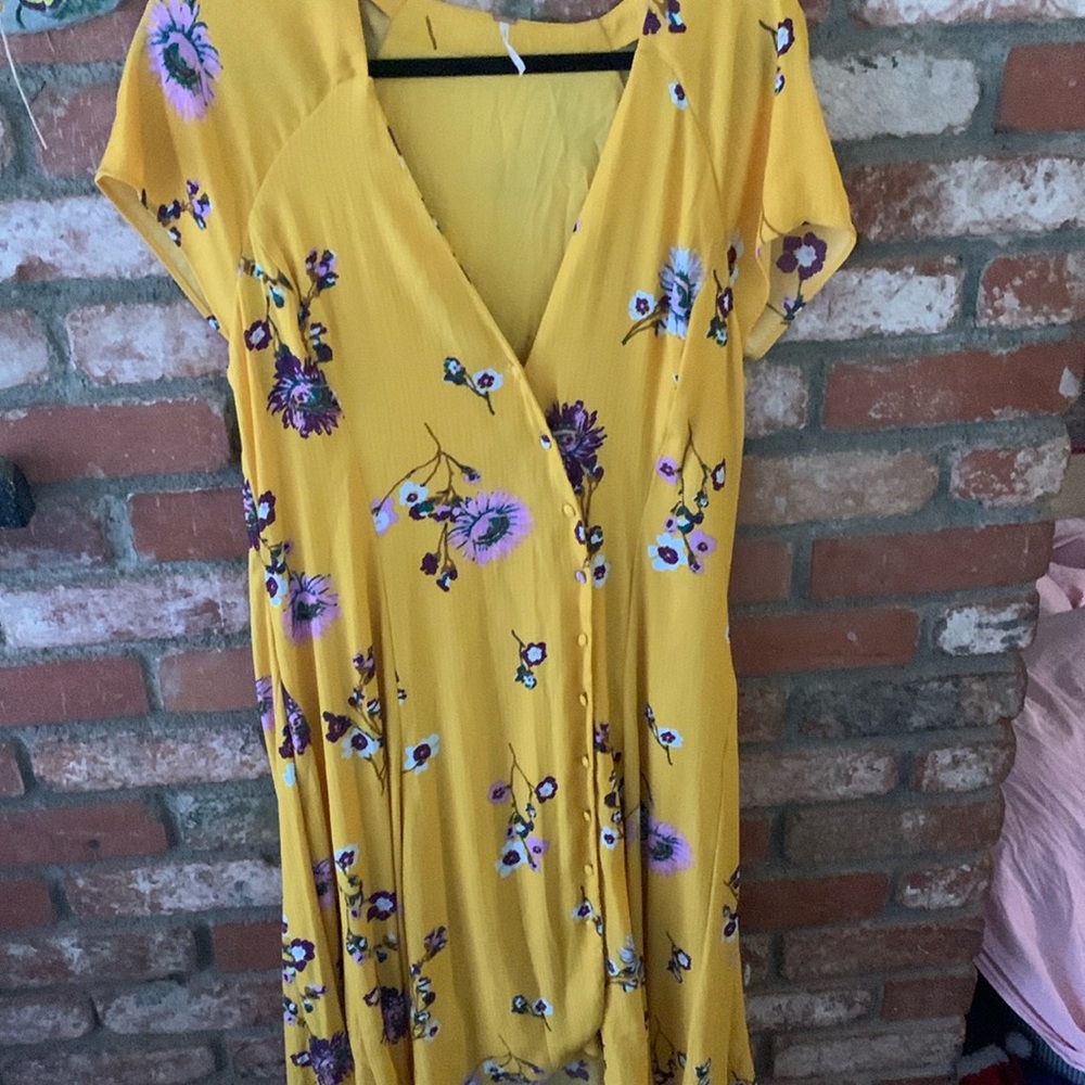 Free People Lost in You Golden Yellow Floral High Low Midi Dress Large